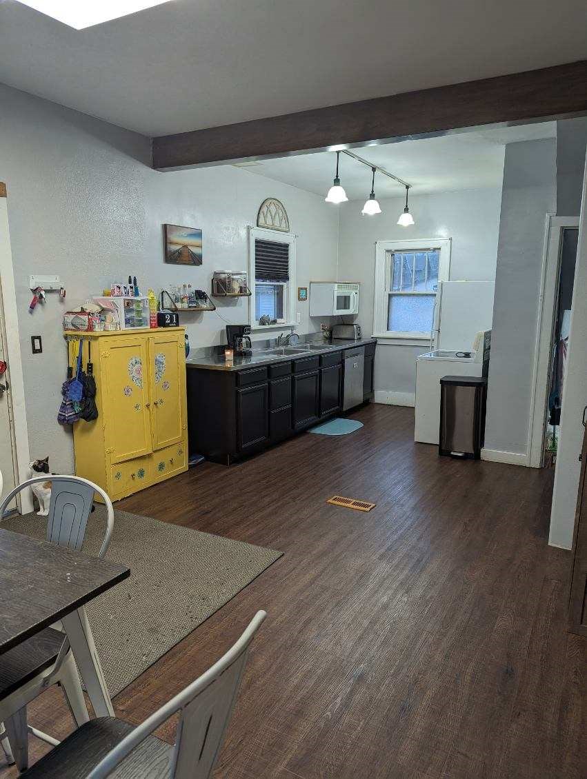 kitchen open to dining area