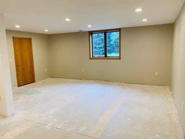 family room in lower level with two storage areas