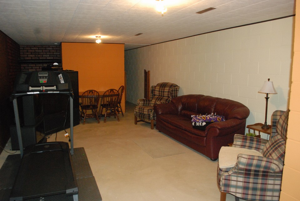 family room in basement semi-unfinshed