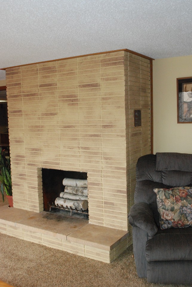 wood fireplace in family room lower level