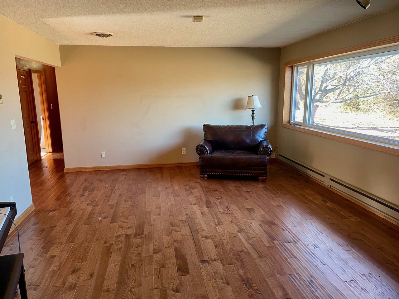 living room with a great view of the wooded acres