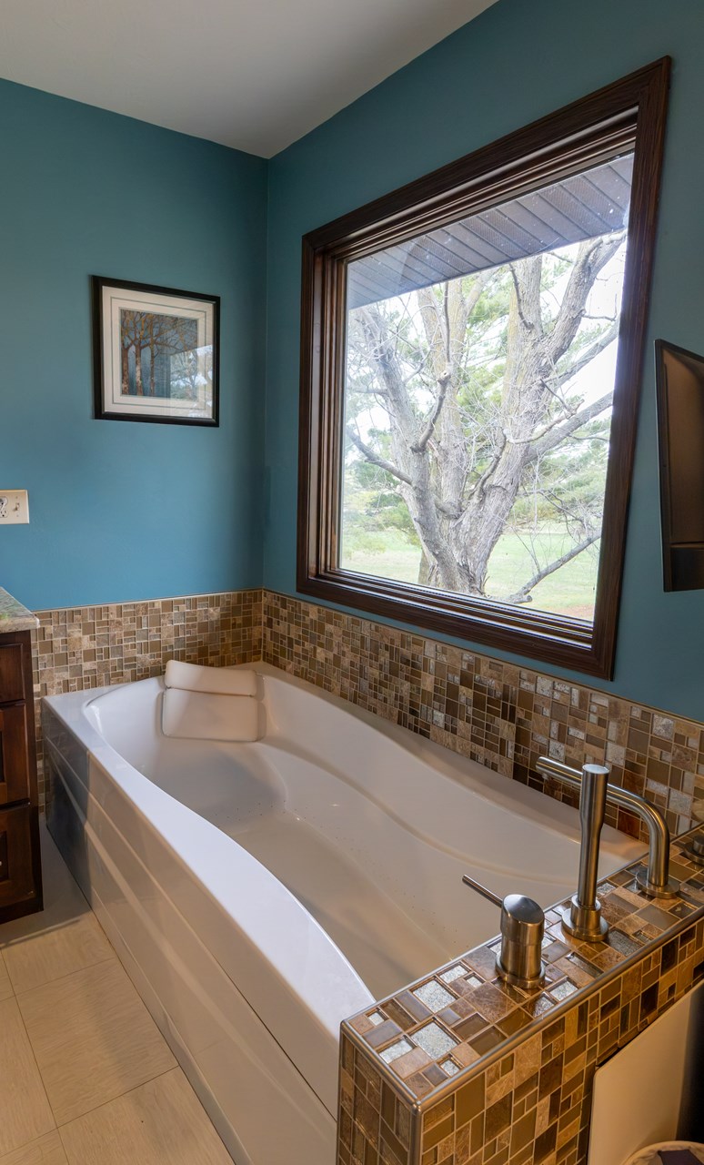 full bathroom off of primary bedroom there is also a shower stall to the right, and a walk-in closet.
